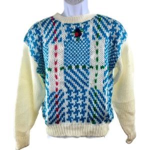 80s Vintage Womens Sweater White Blue Pink Green Geometric Flowers Size Medium